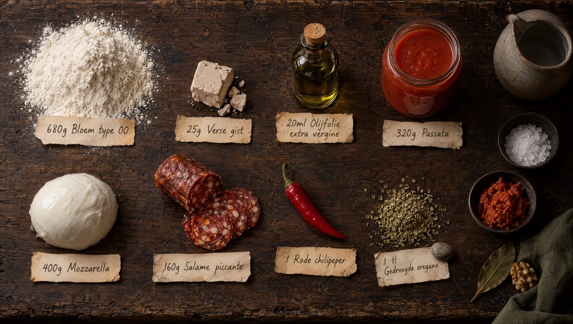 Ingrediënten voor pizza diavola: bloem, gist, olijfolie, passata, mozzarella, salame piccante, rode chilipeper en oregano