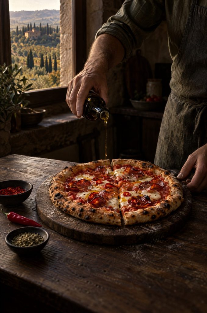 De kok besprenkelt pizza diavola in punten met olijfolie, met verse chili ernaast op een donkere tafel
