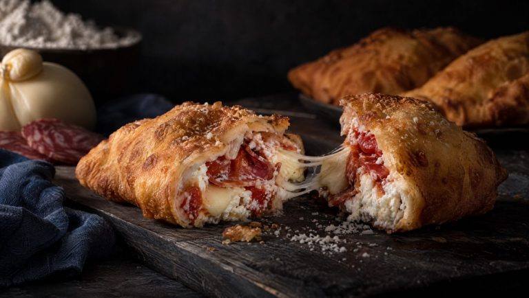 Opengesneden pizza fritta uit Napels met ricotta, provola en salami in de goudbruine korst, op een donkere plank