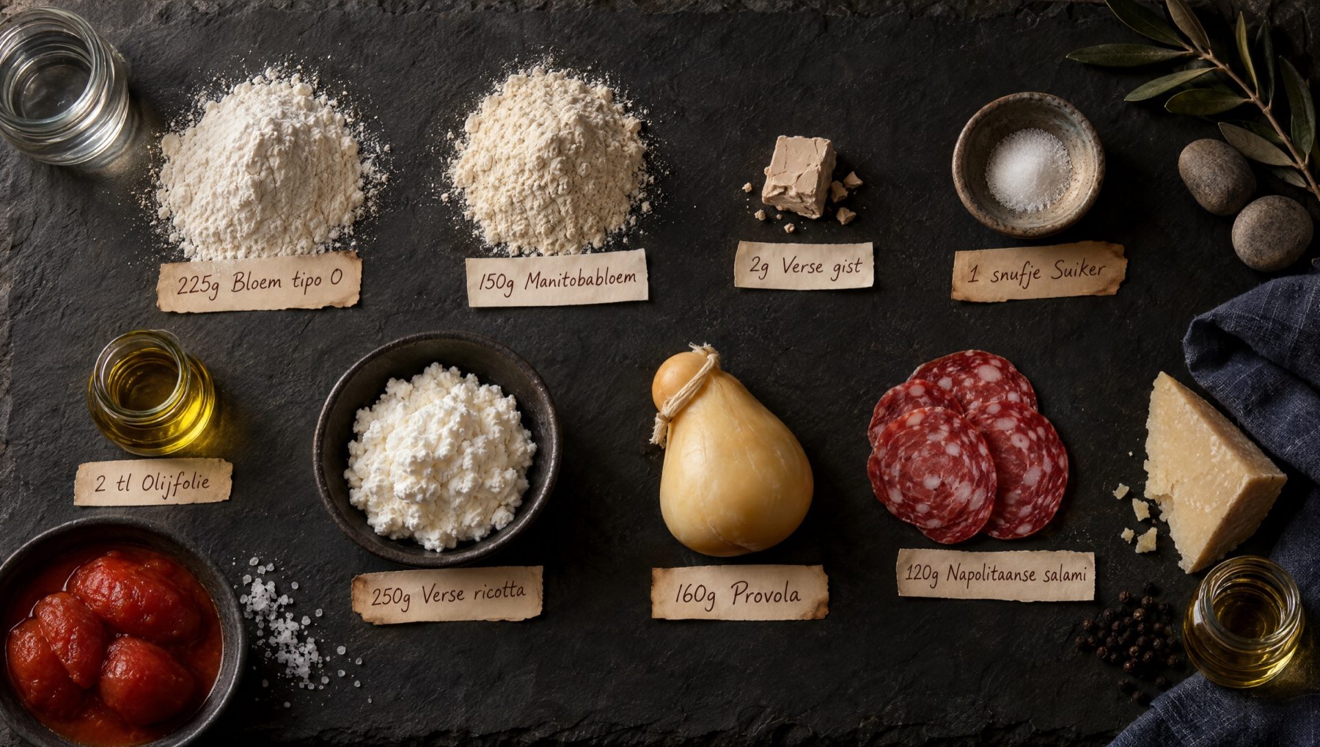 Ingrediënten voor pizza fritta: bloem, verse gist, ricotta, provola, salami, gepelde tomaten en pecorino op donkere leisteen