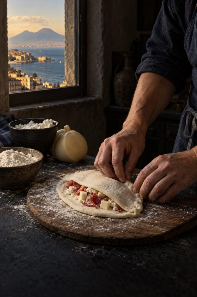 Handen van de kok drukken een pizza fritta dicht in een donkere keuken, door het raam de Golf van Napels