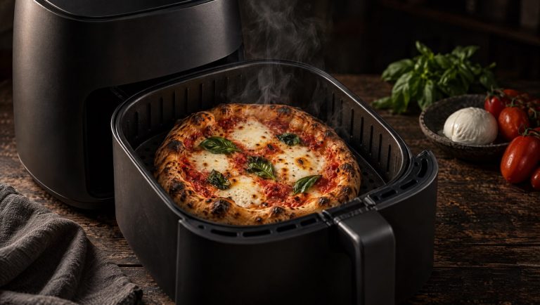 Pizza uit de airfryer: goudbruine margherita met mozzarella en basilicum in het open mandje van een zwarte airfryer