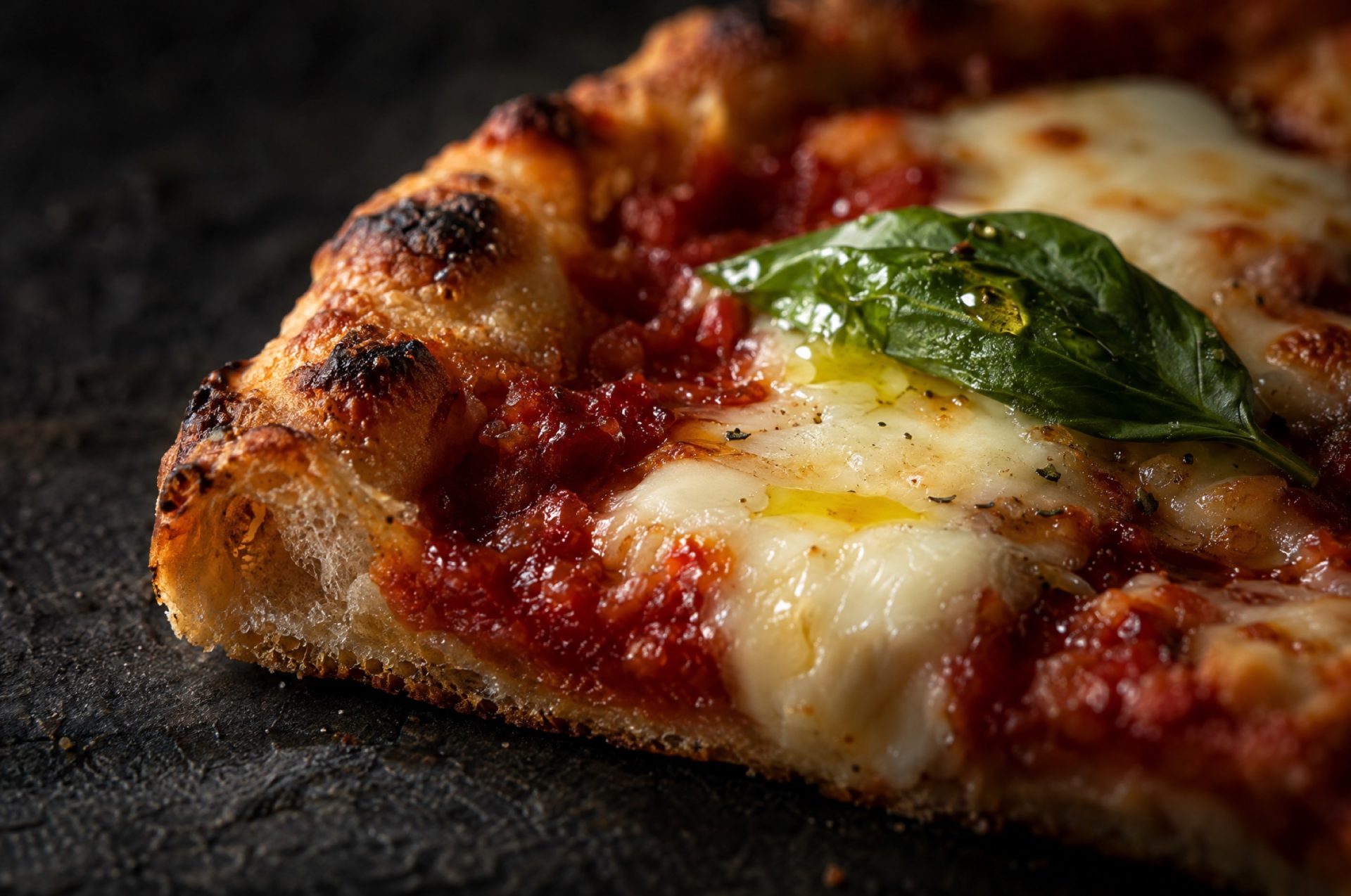 Close-up van pizza in de airfryer met een goudbruine korst, gesmolten mozzarella en basilicum