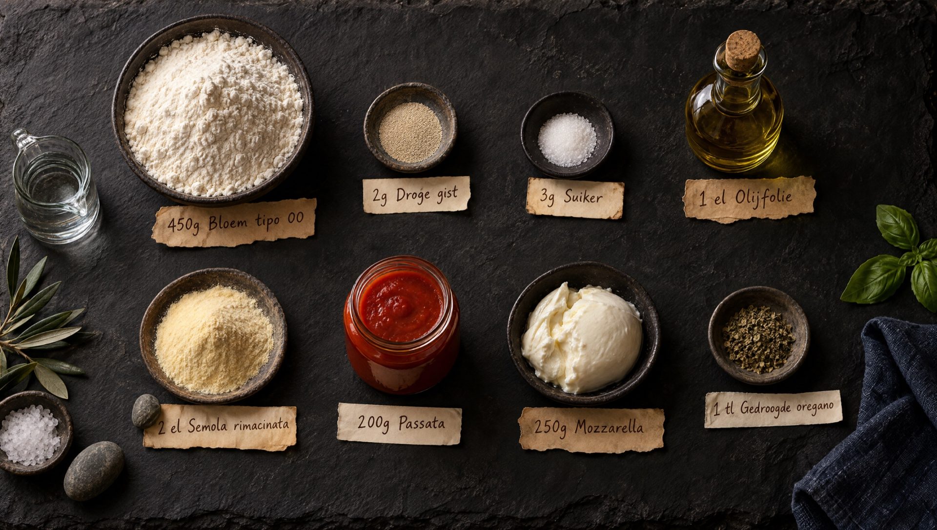 Ingrediënten voor pizza in de airfryer: bloem tipo 00, gist, passata, mozzarella en basilicum op een donkere tafel