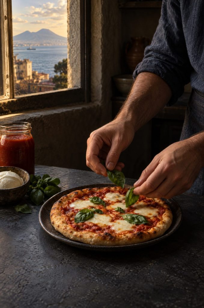 Handen van de kok leggen basilicum op pizza in de airfryer, in een donkere keuken met uitzicht op de Golf van Napels