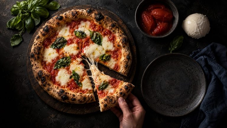 Pizza margherita op een donkere houten plank, met San Marzano-tomaten, mozzarella en verse basilicum ernaast