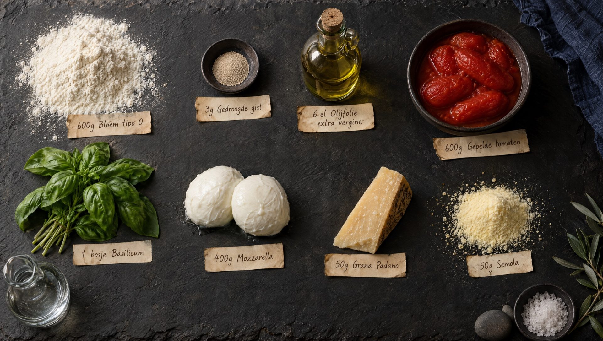 Ingrediënten voor pizza margherita: tipo 0-bloem, San Marzano-tomaten, fior di latte, Grana Padano, basilicum en olijfolie