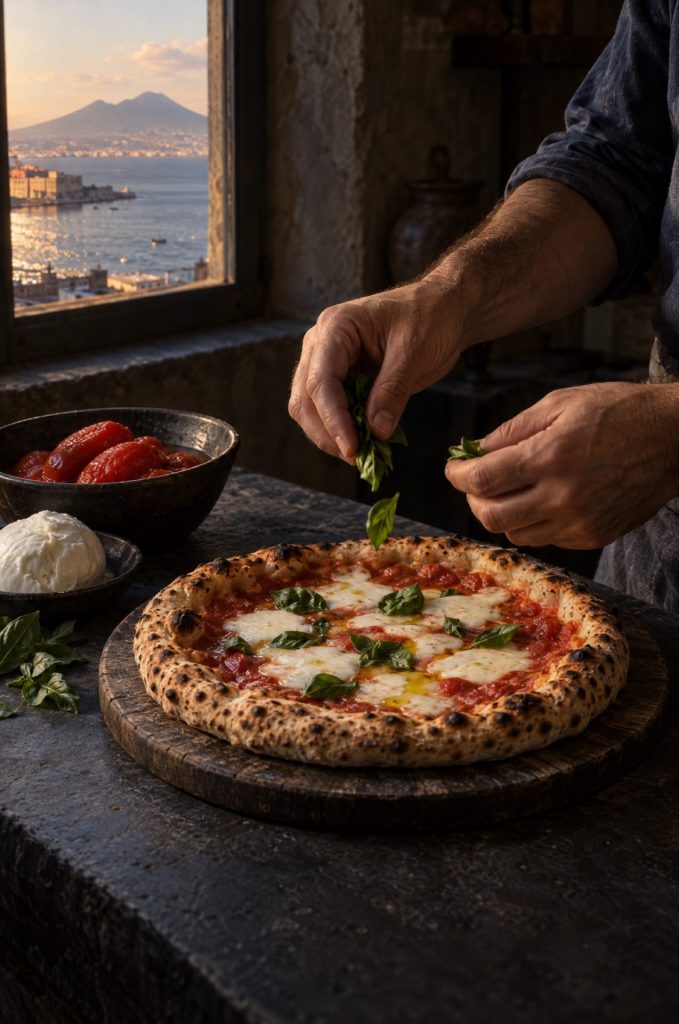 Handen van de kok leggen basilicum op een pizza margherita in een donkere keuken, met door het raam de baai van Napels