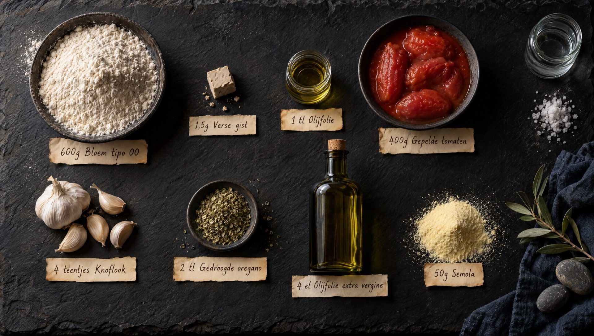 Ingrediënten voor pizza marinara: tipo 00-bloem, San Marzano-tomaten, knoflook, gedroogde oregano en olijfolie