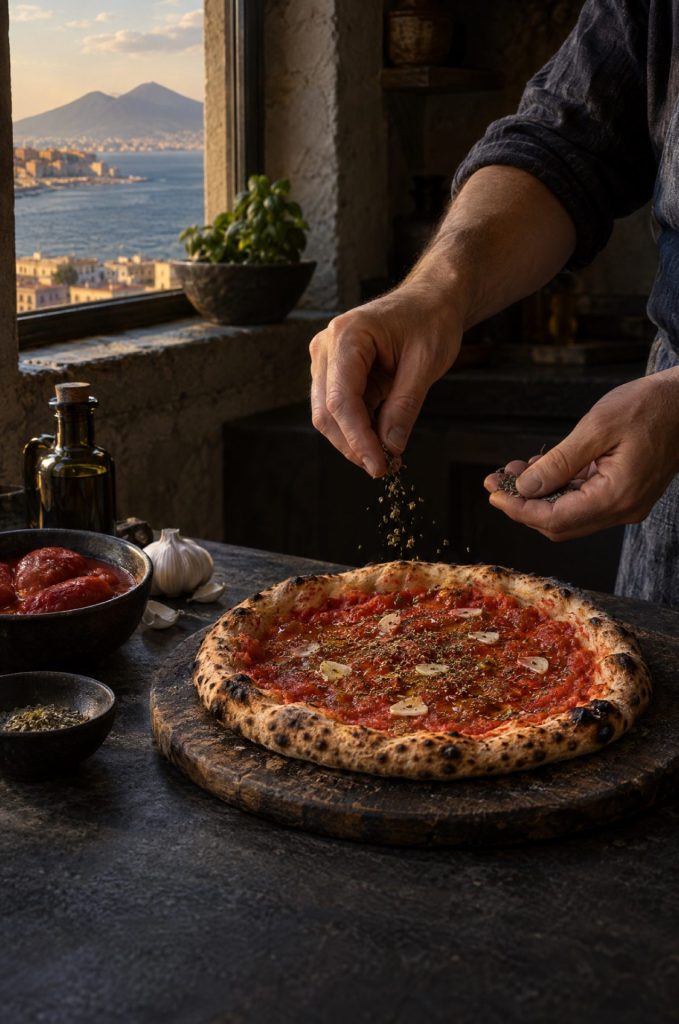 Handen van de kok strooien oregano over een pizza marinara in een donkere keuken, met door het raam de baai van Napels