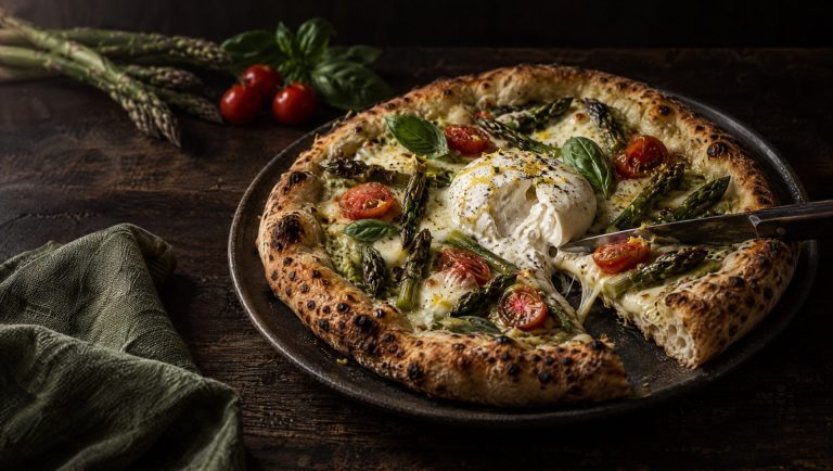 Pizza met asperges en burrata op een donker bord, met groene asperges, kerstomaatjes en basilicum ernaast