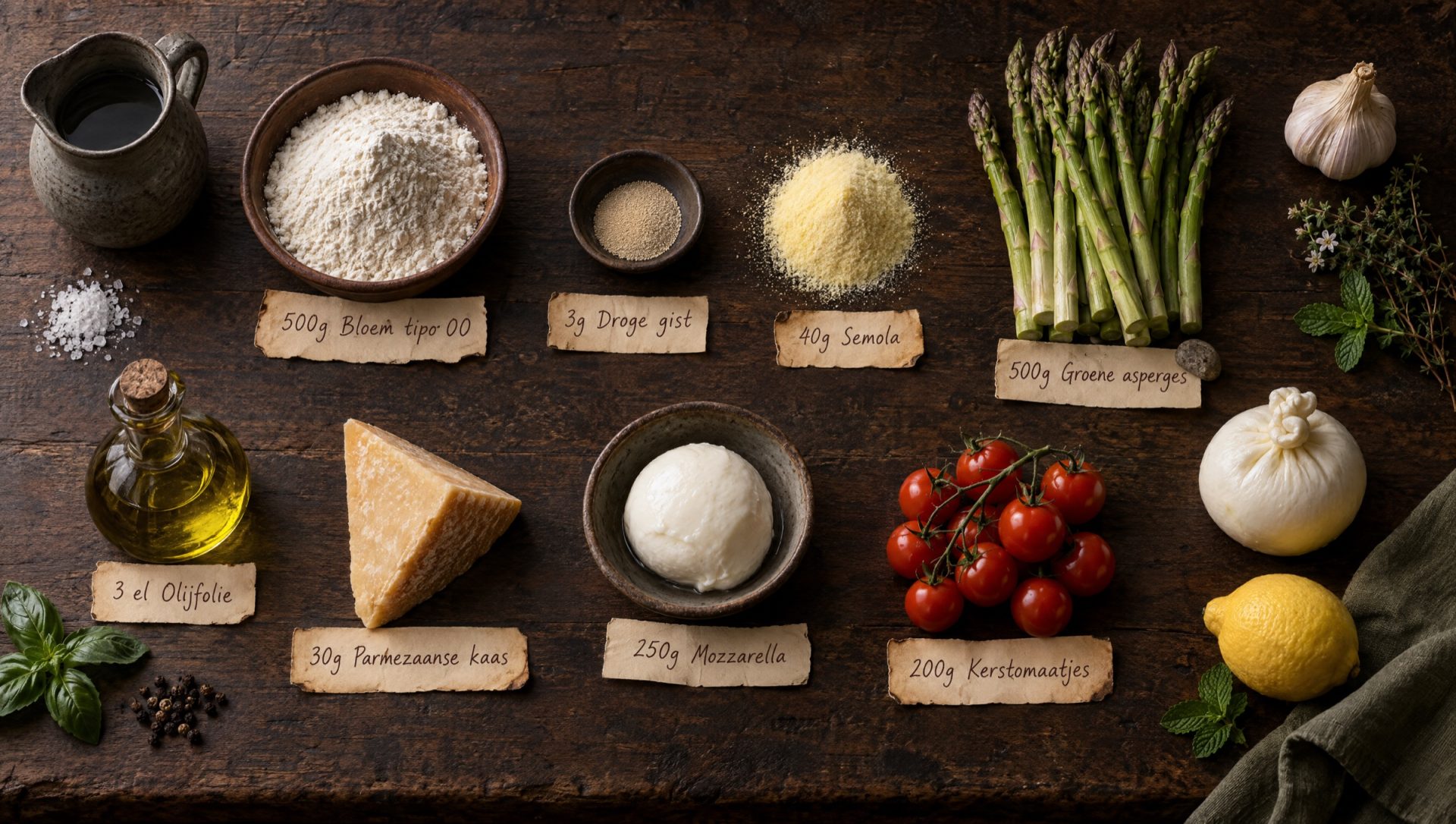 Ingrediënten voor pizza met asperges: groene asperges, burrata, mozzarella, kerstomaatjes, citroen, basilicum en bloem