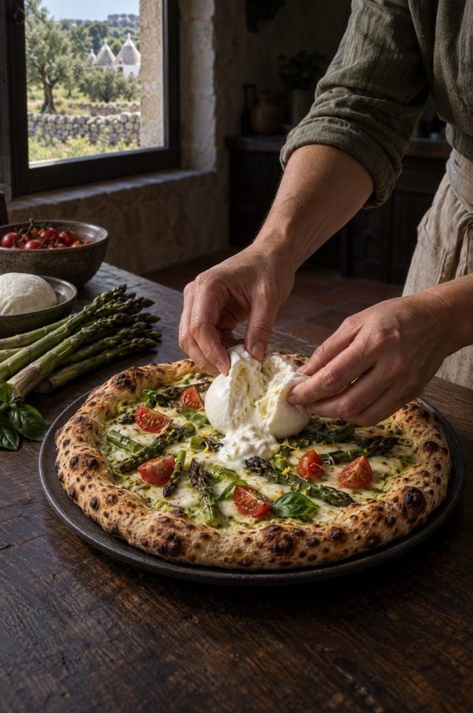 Handen van de kok leggen burrata op pizza met asperges, donkere keuken met uitzicht op olijfgaarden in Puglia