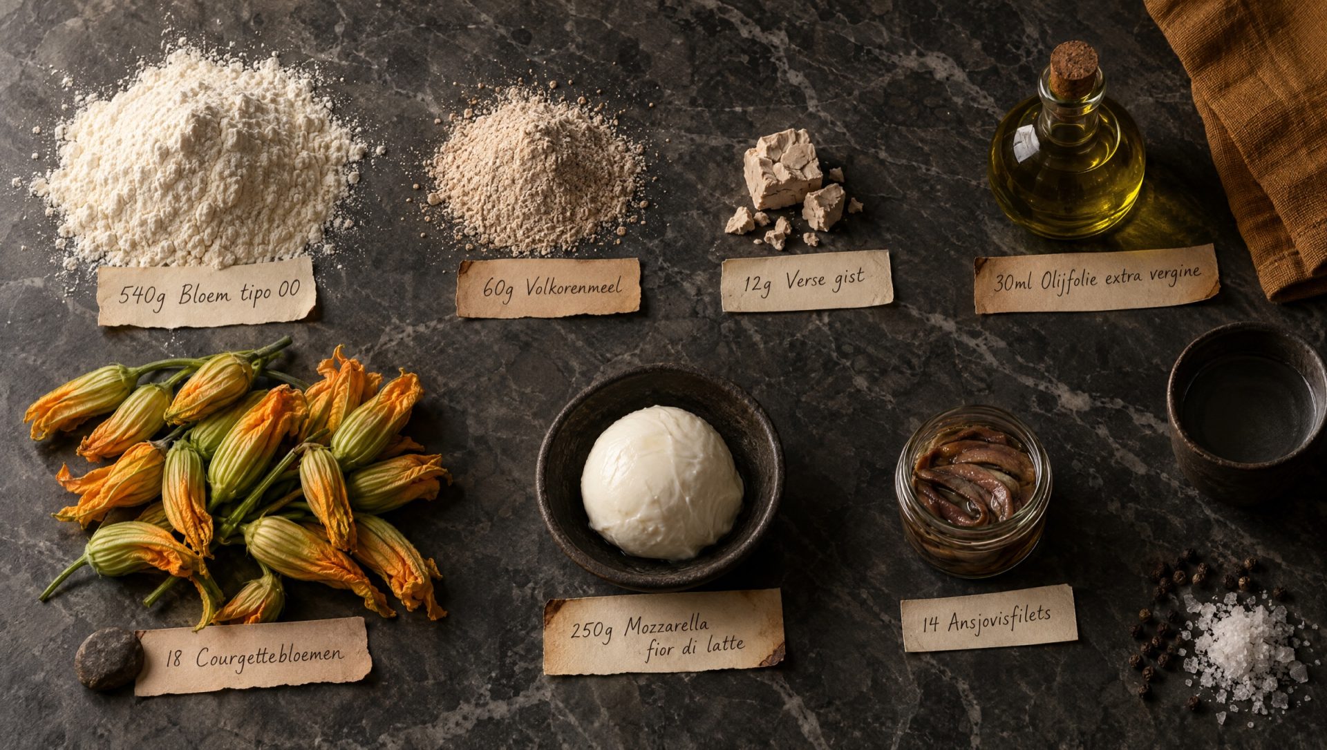 Ingrediënten voor pizza met courgettebloemen: courgettebloemen, mozzarella, ansjovisfilets, bloem, volkorenmeel en olijfolie