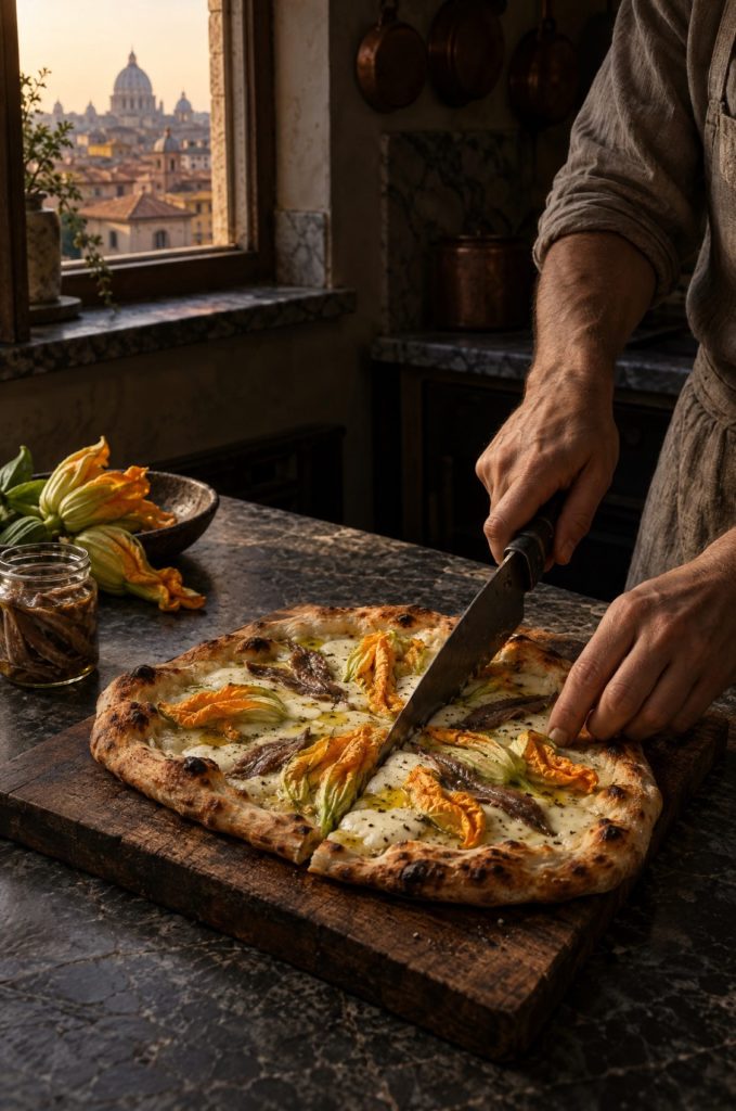 Handen snijden pizza met courgettebloemen in stukken op een houten plank in een schemerige keuken in Rome