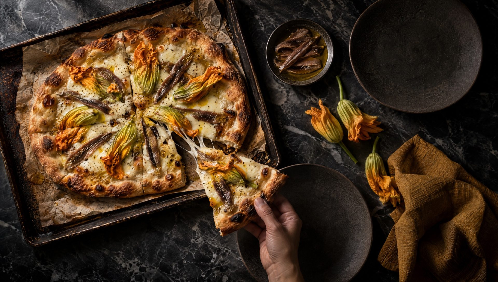 Pizza met courgettebloemen, ansjovis en gesmolten mozzarella op een donkere bakplaat, met losse courgettebloemen ernaast