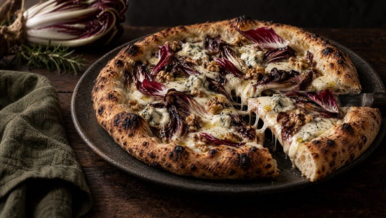 Pizza met gorgonzola, radicchio en walnoten op een donker bord, met een krop radicchio di Treviso ernaast