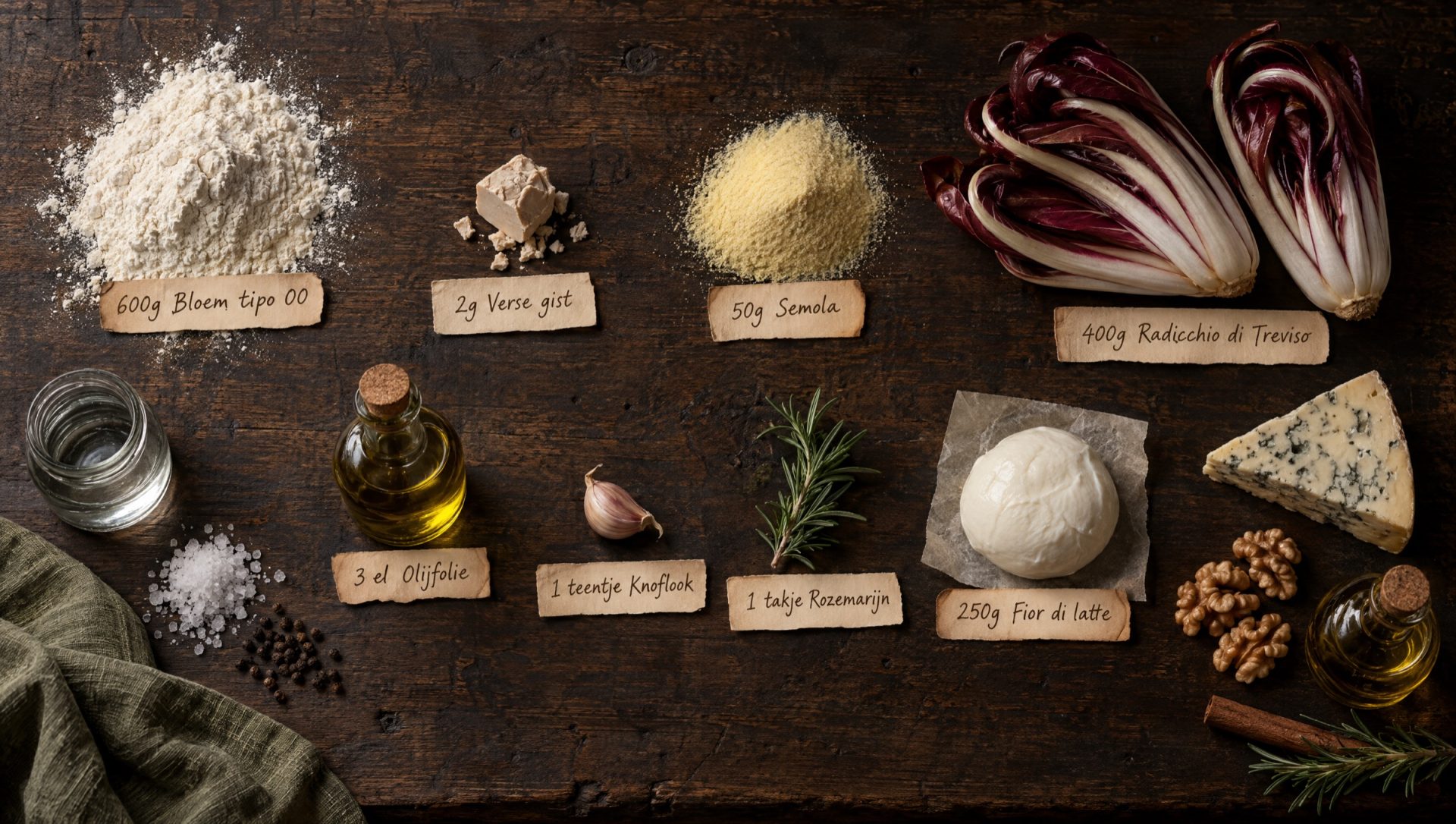 Ingrediënten voor pizza met gorgonzola: radicchio di Treviso, gorgonzola dolce, fior di latte, walnoten, bloem en olijfolie