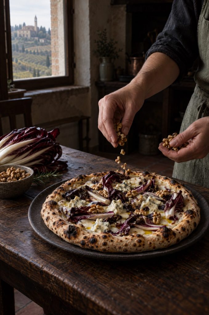 Handen van de kok strooien walnoten over pizza met gorgonzola, donkere keuken met uitzicht op de heuvels van Treviso