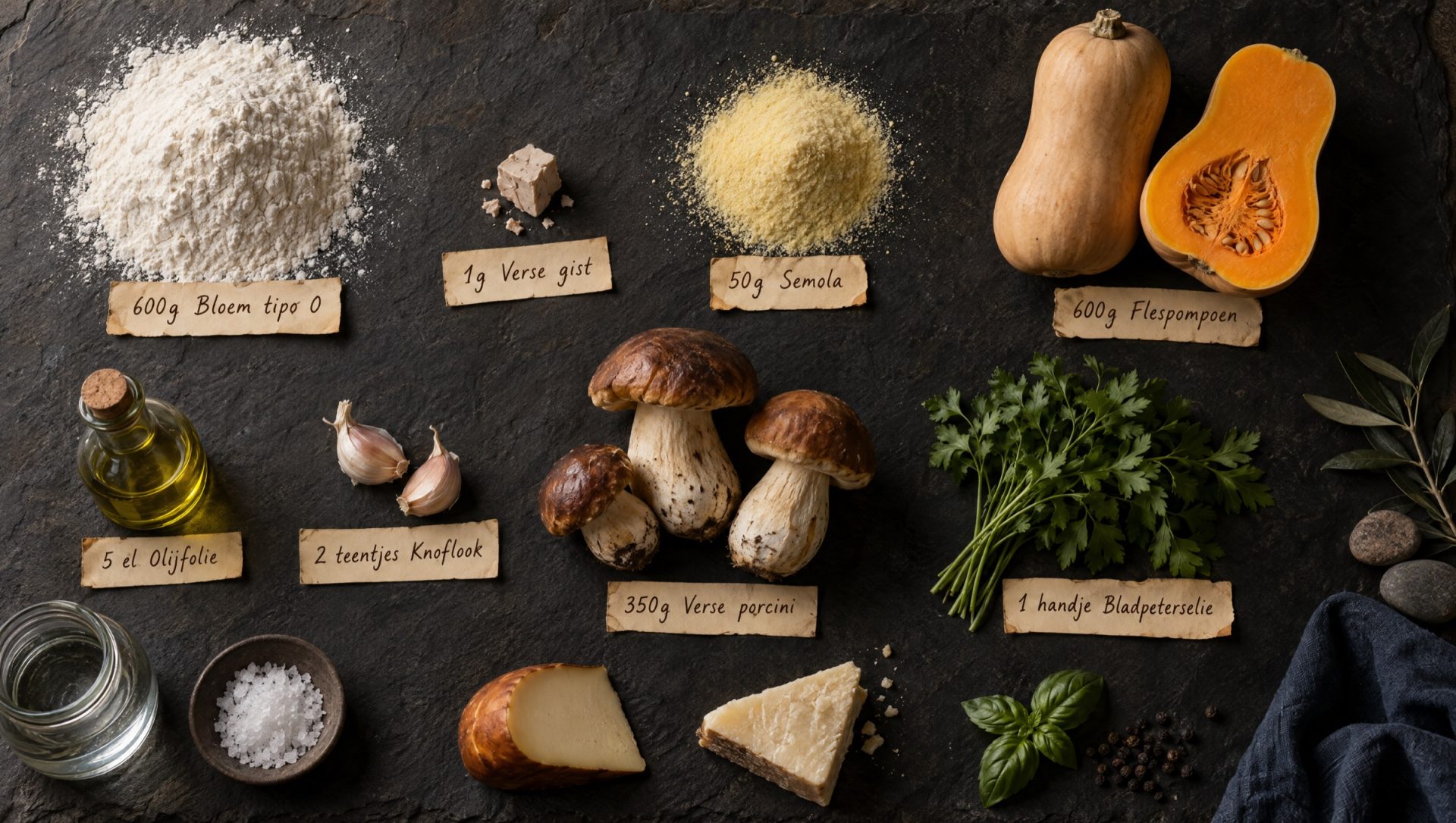 Ingrediënten voor pizza met pompoen en porcini: flespompoen, verse porcini, provola, pecorino, basilicum, bloem en olijfolie