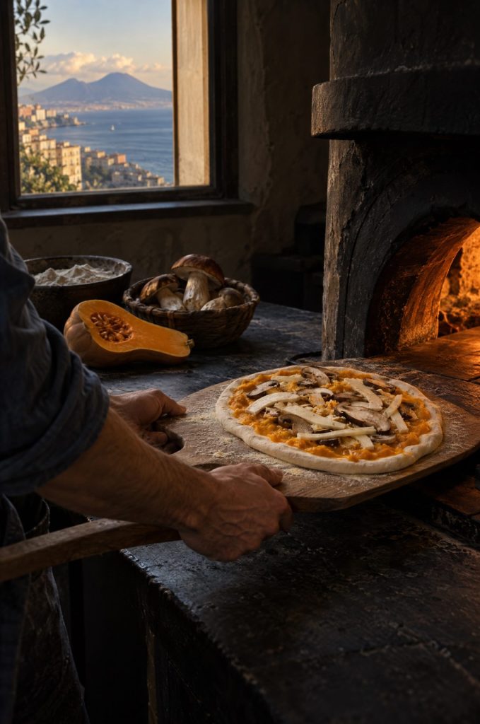 Handen van de kok schuiven pizza met pompoen en porcini in de oven, donkere keuken met uitzicht op de Vesuvius