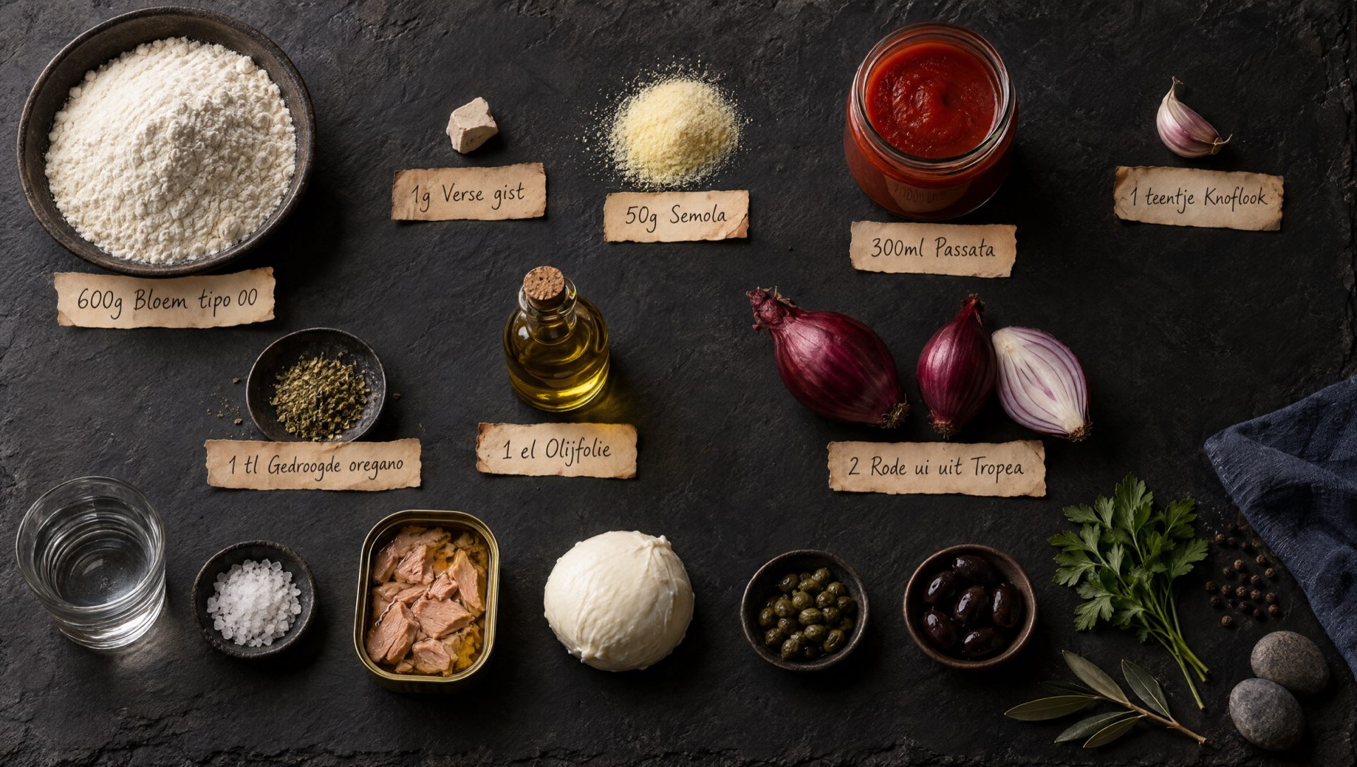 Ingrediënten voor pizza met tonijn: tonijn in olijfolie, rode uien uit Tropea, mozzarella, kappertjes, olijven en passata