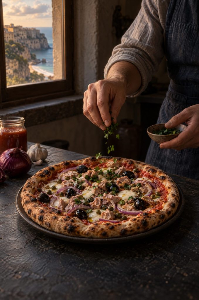 Handen van de kok maken pizza met tonijn af, donkere keuken met uitzicht op de kust van Tropea
