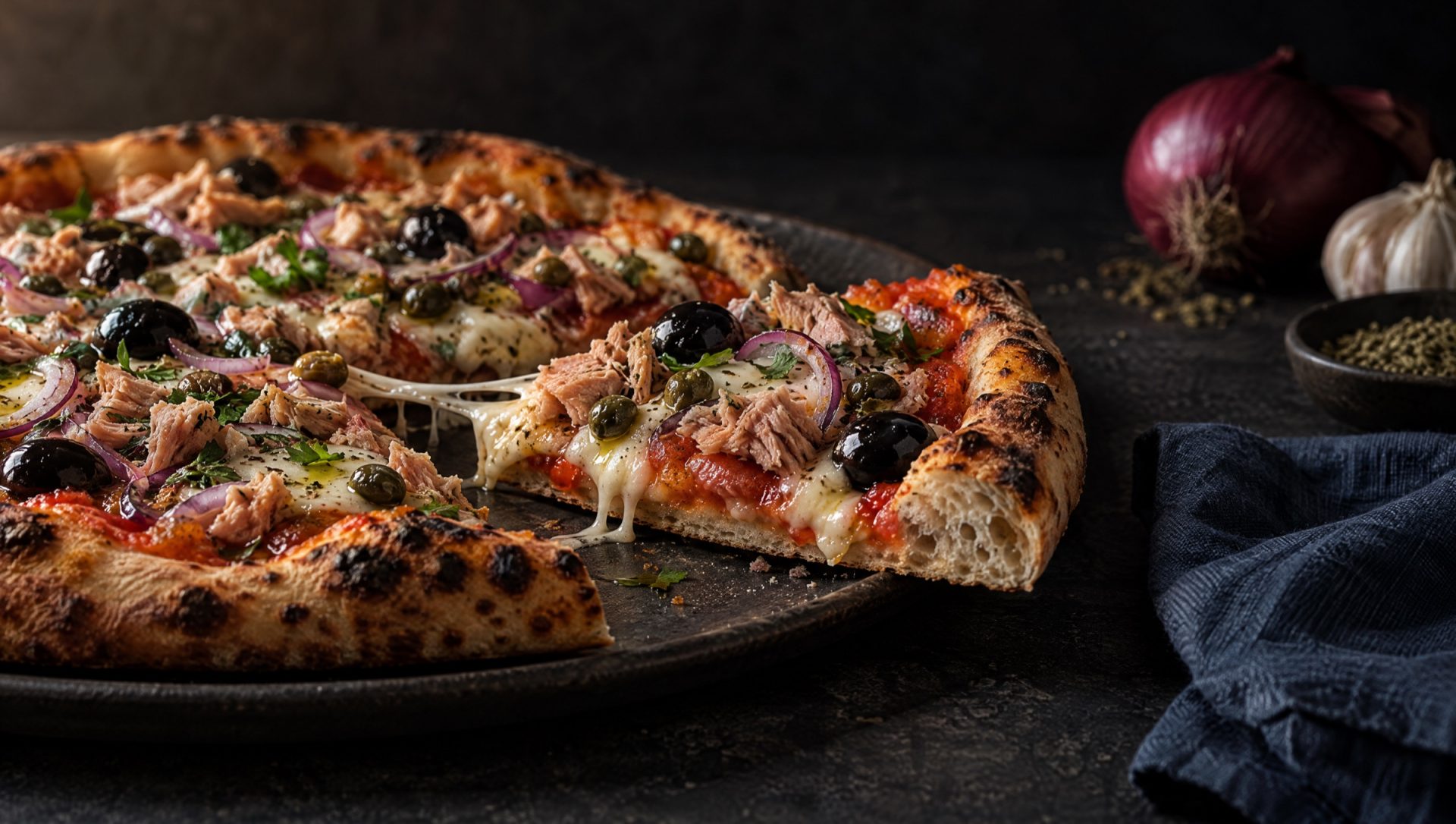Pizza met tonijn, rode ui uit Tropea, kappertjes en zwarte olijven op een donker bord