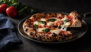 Pizza op de bbq, een margherita met gevlekte rand op een tafel in Campanië, met tomaten, fior di latte en basilicum