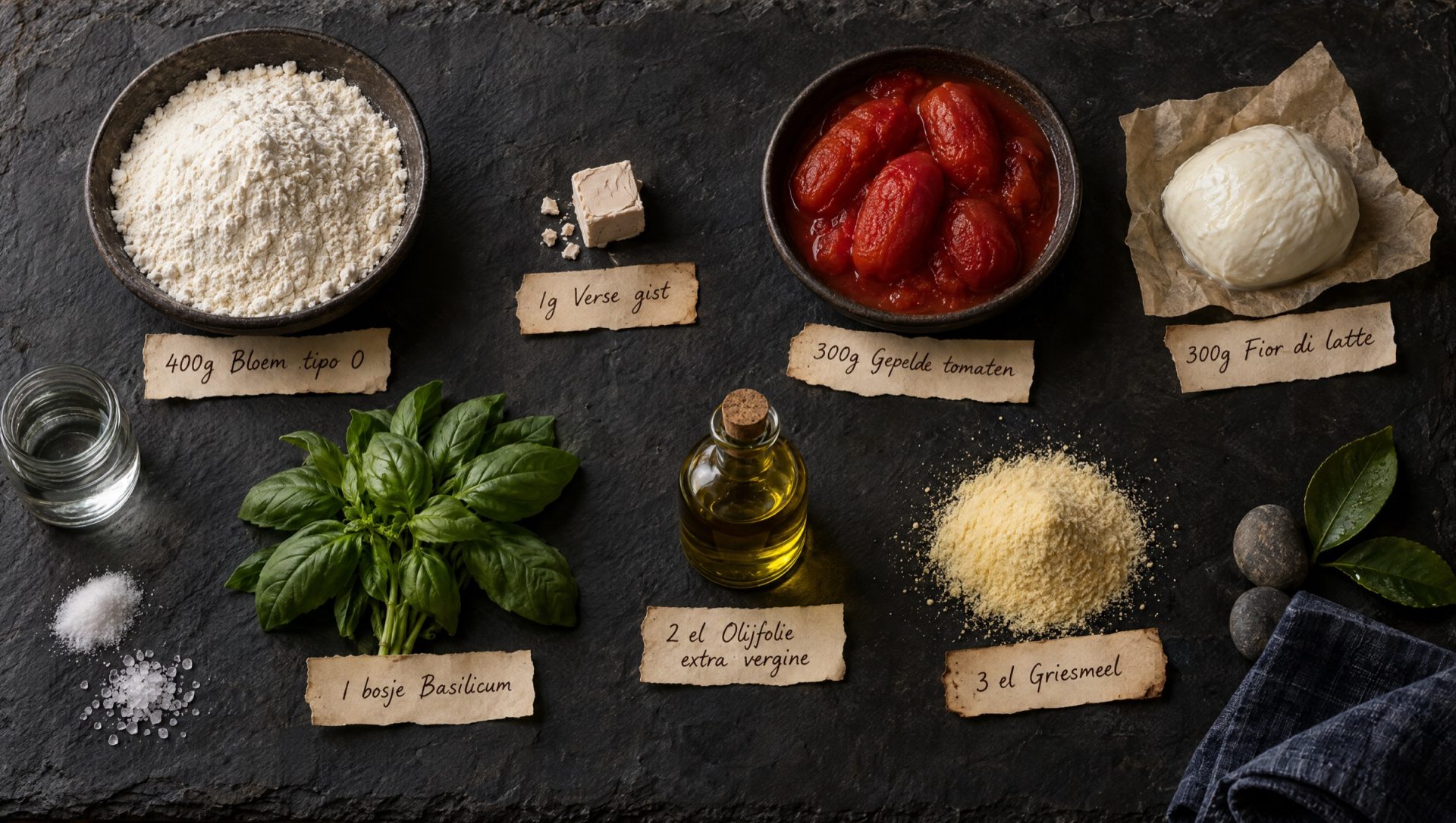 Ingrediënten voor pizza op de bbq: bloem tipo 0, verse gist, zout, gepelde tomaten, fior di latte, basilicum en griesmeel