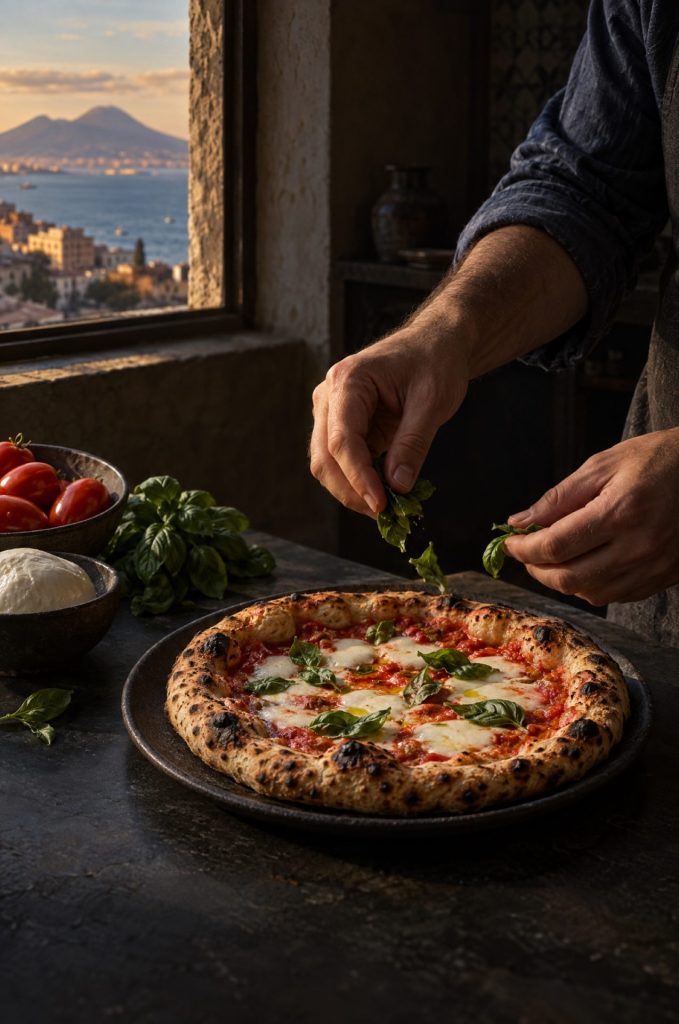 Handen van de kok strooien basilicum over pizza op de bbq in een donkere keuken bij het raam, met zicht op de Golf van Napels