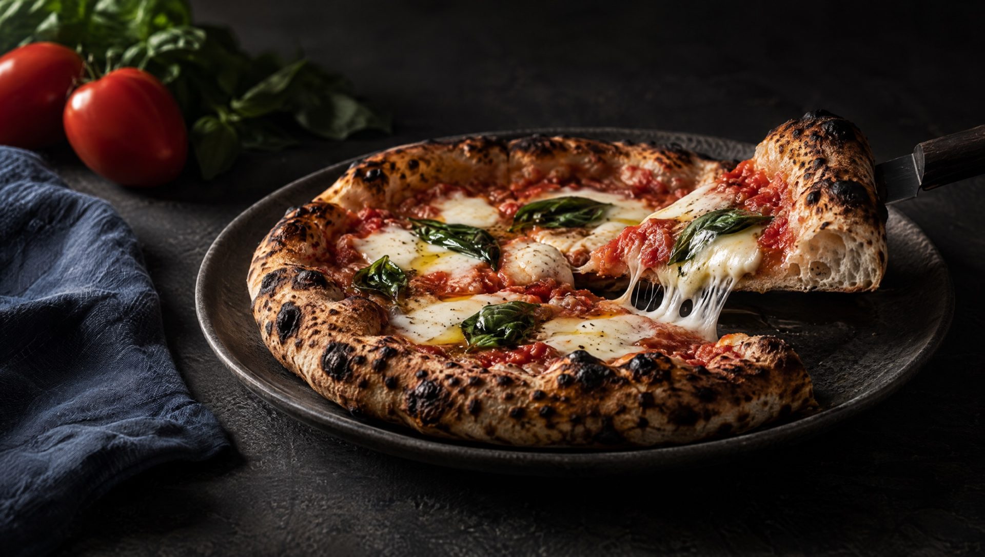 Pizza op de bbq, een margherita met gevlekte rand op een tafel in Campanië, met tomaten, fior di latte en basilicum