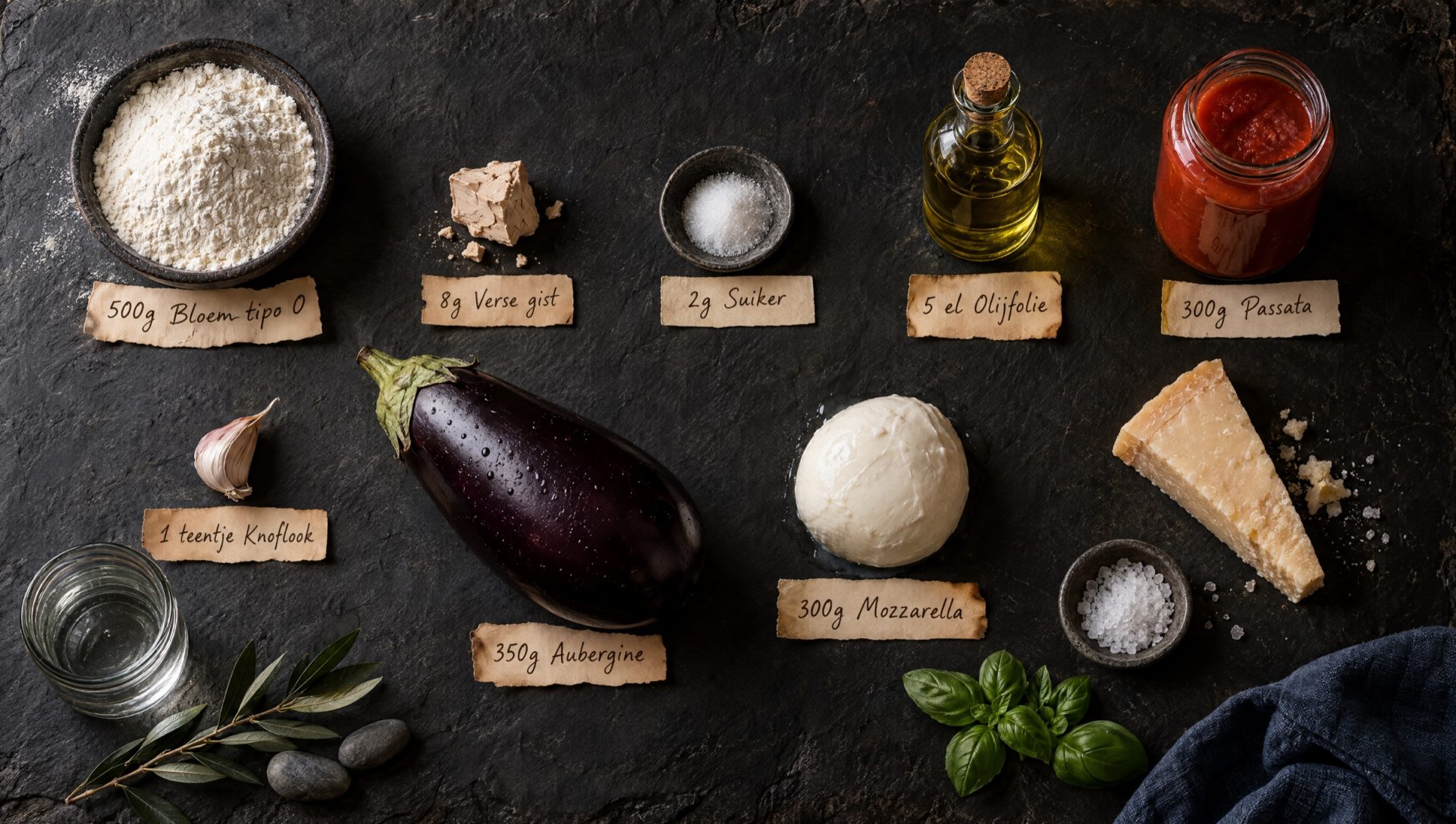Ingrediënten voor pizza parmigiana: aubergine, passata, mozzarella, Parmezaanse kaas, basilicum, bloem, gist en olijfolie