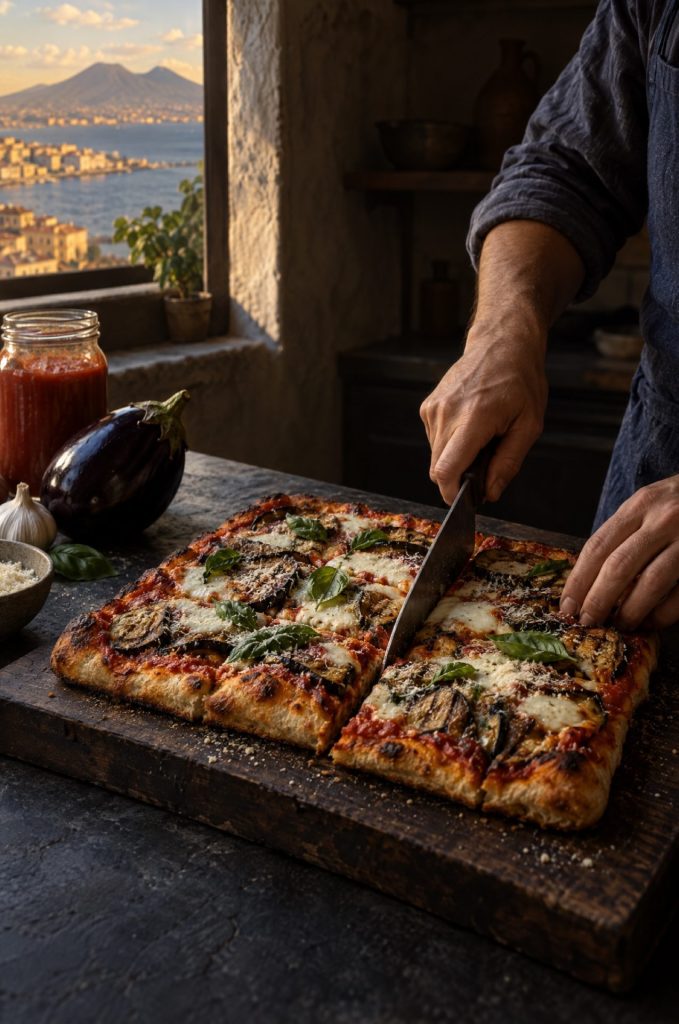 Handen van de kok snijden pizza parmigiana op een plank in een donkere keuken, met zicht op de Golf van Napels en de Vesuvius