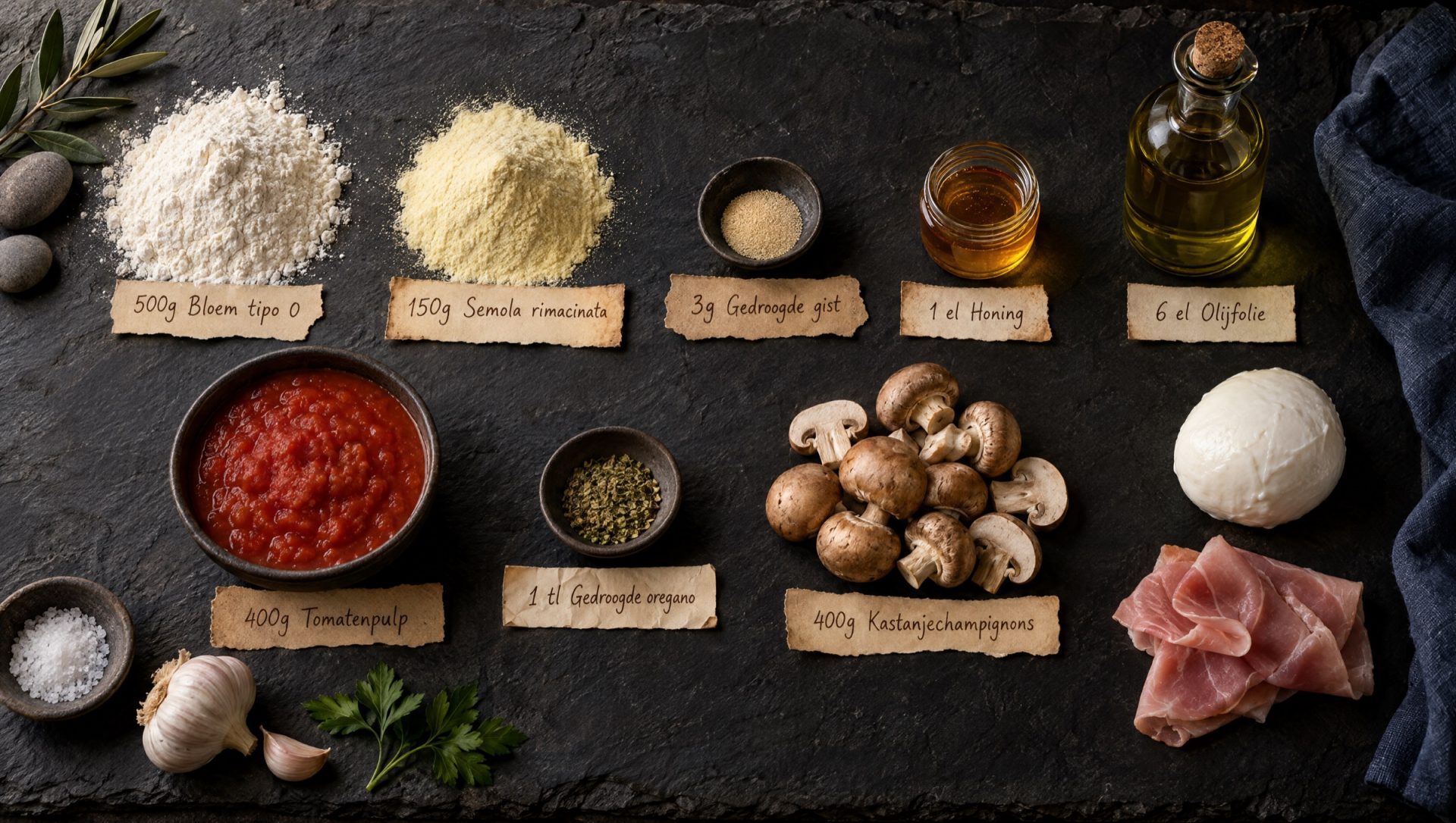 Ingrediënten voor pizza prosciutto e funghi: bloem, semola, champignons, prosciutto cotto, mozzarella, tomatenpulp en oregano