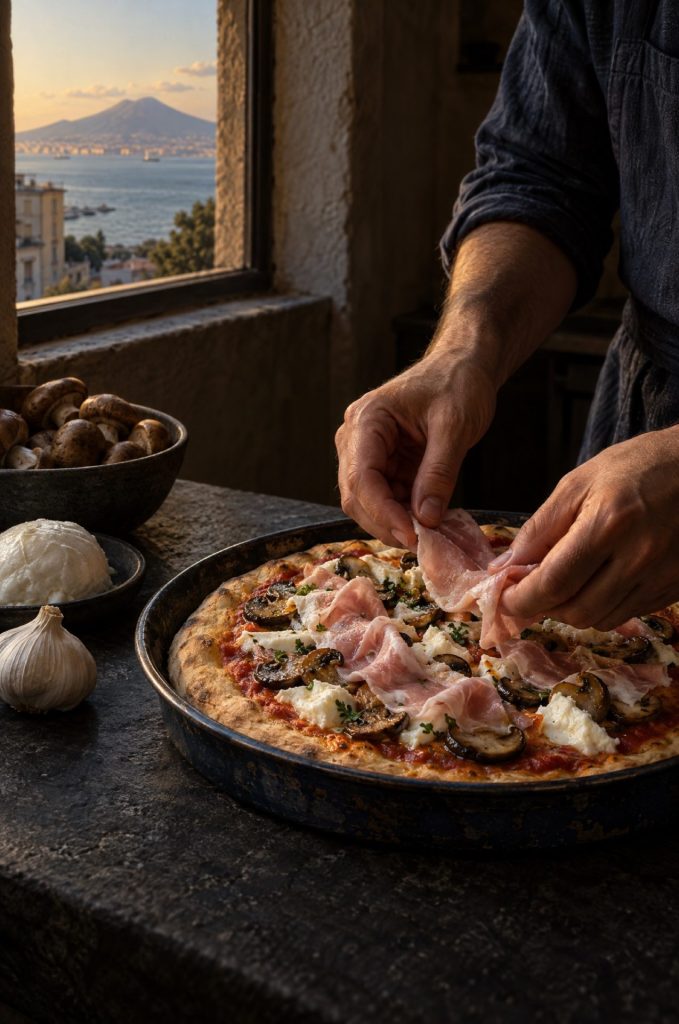 Handen van de kok leggen ham op pizza prosciutto in een donkere keuken bij het raam met zicht op de Golf van Napels