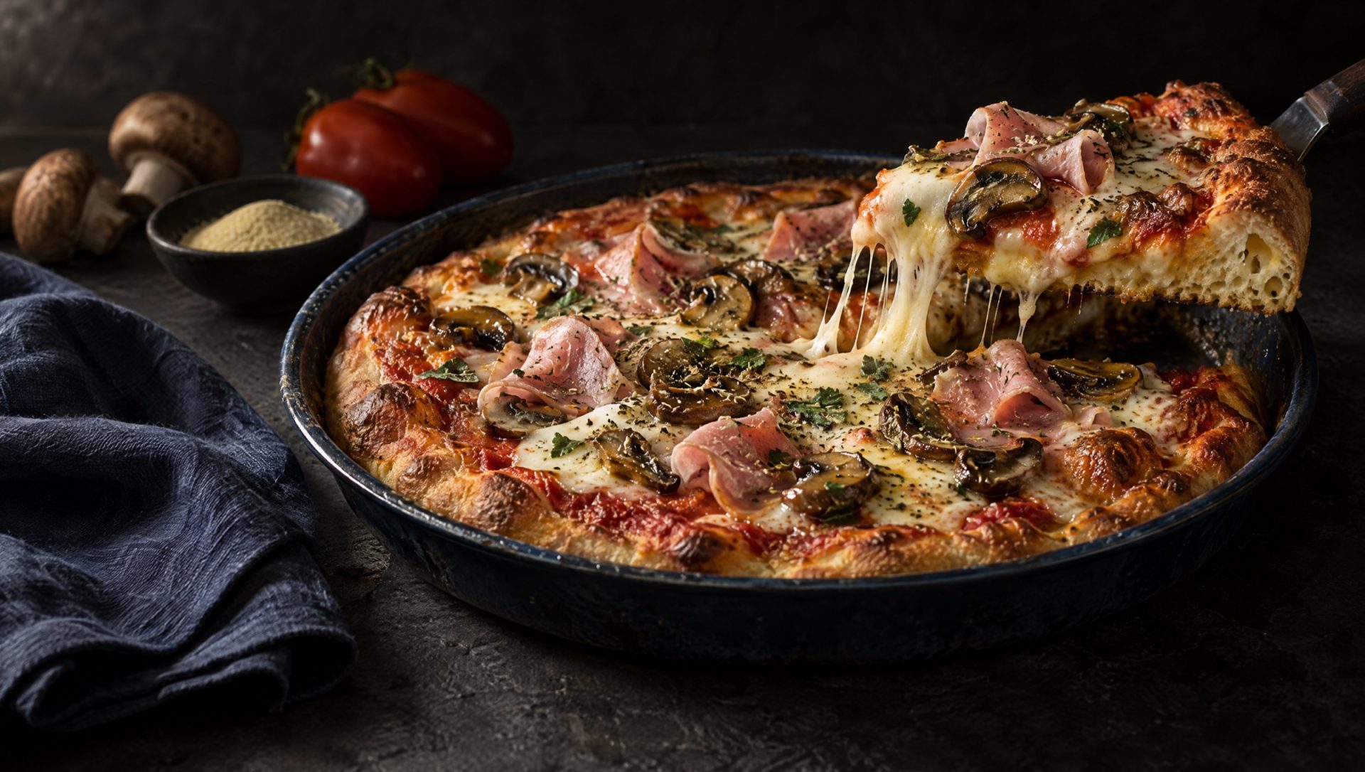 Pizza prosciutto e funghi op een donkere leistenen tafel in de herfst, met prosciutto cotto, champignons, mozzarella en tomaten