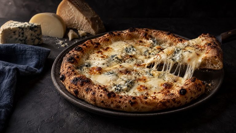 Pizza quattro formaggi met een opgetilde punt en kaasdraden op een leistenen tafel, met rauwe gorgonzola en pecorino