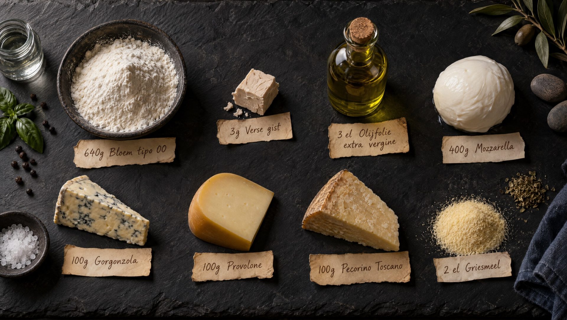 Ingrediënten voor pizza quattro formaggi: bloem, gist, zout, mozzarella, gorgonzola, provolone, pecorino en oregano