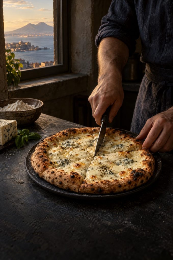 De kok snijdt pizza quattro formaggi in punten bij het raam, met uitzicht op de Golf van Napels en de Vesuvius