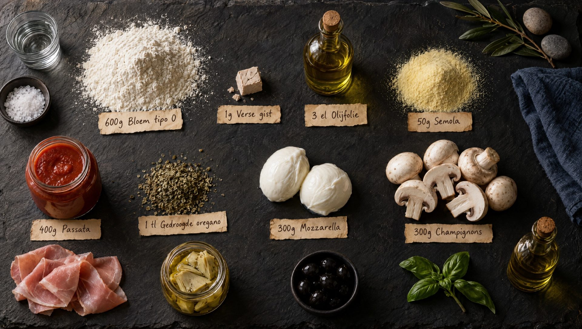 Ingrediënten voor pizza quattro stagioni: artisjokharten, olijven, champignons, prosciutto cotto, mozzarella en passata