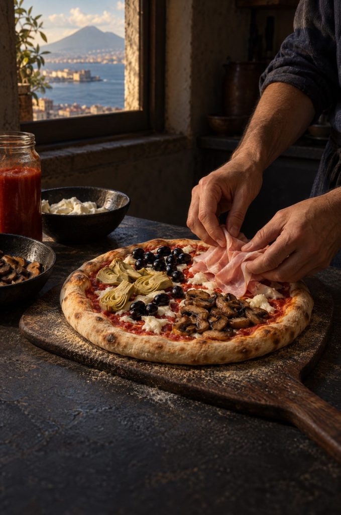 Handen van de kok verdelen beleg over pizza quattro stagioni, donkere keuken met uitzicht op de Golf van Napels