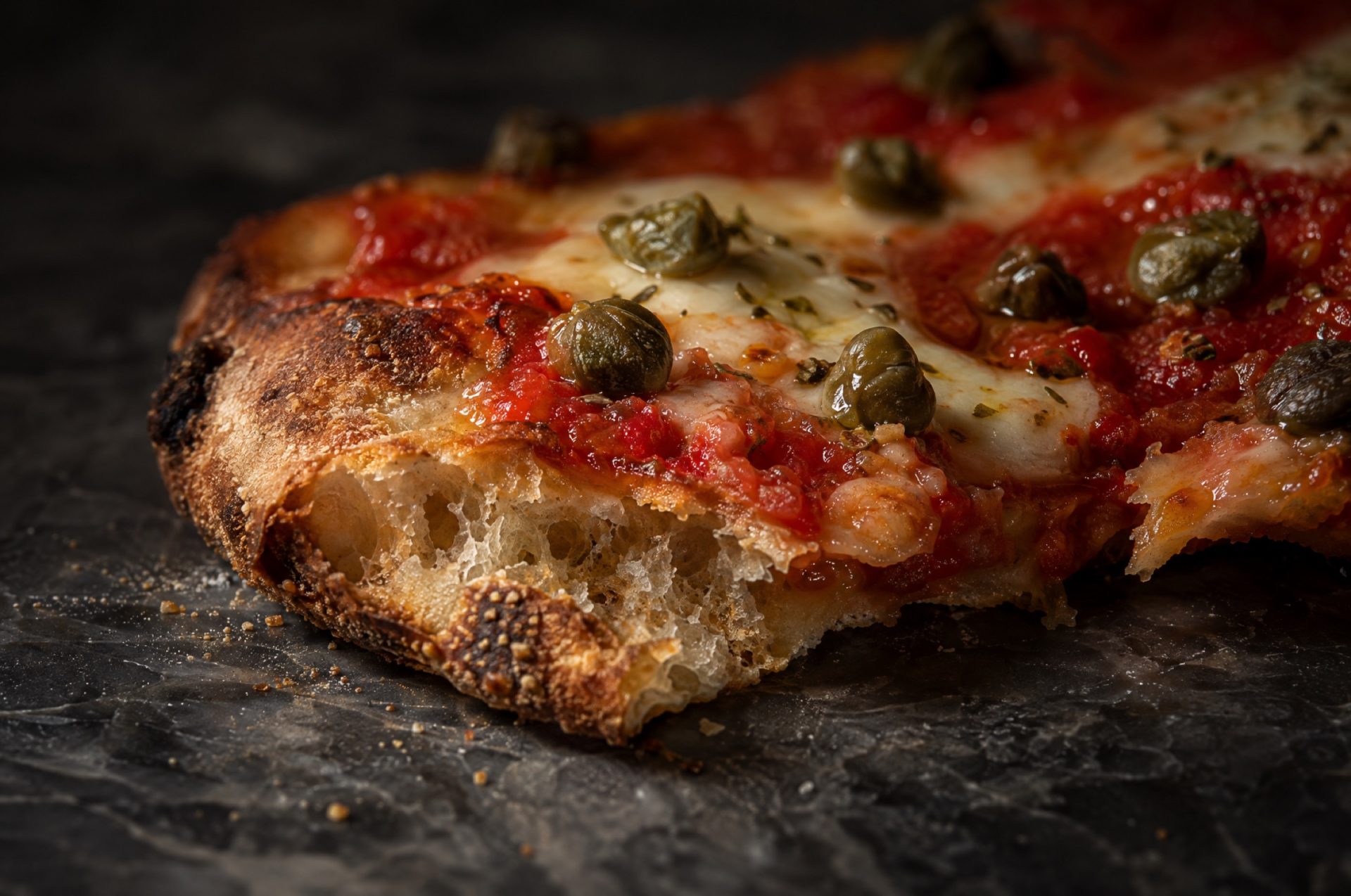 Close-up van een dunne pizza romana met krokante, goudbruine bodem, gesmolten mozzarella en kappertjes
