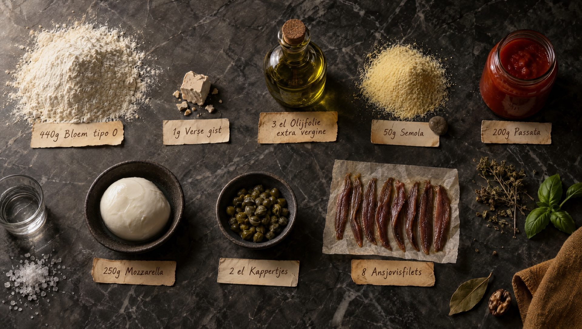 Bloem, verse gist, olijfolie, passata, mozzarella, kappertjes en ansjovis voor pizza romana op een donker werkblad
