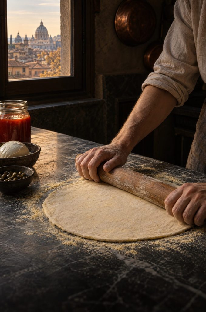 Handen rollen deeg voor pizza romana uit met een deegroller in een donkere keuken, door het raam de daken van Rome