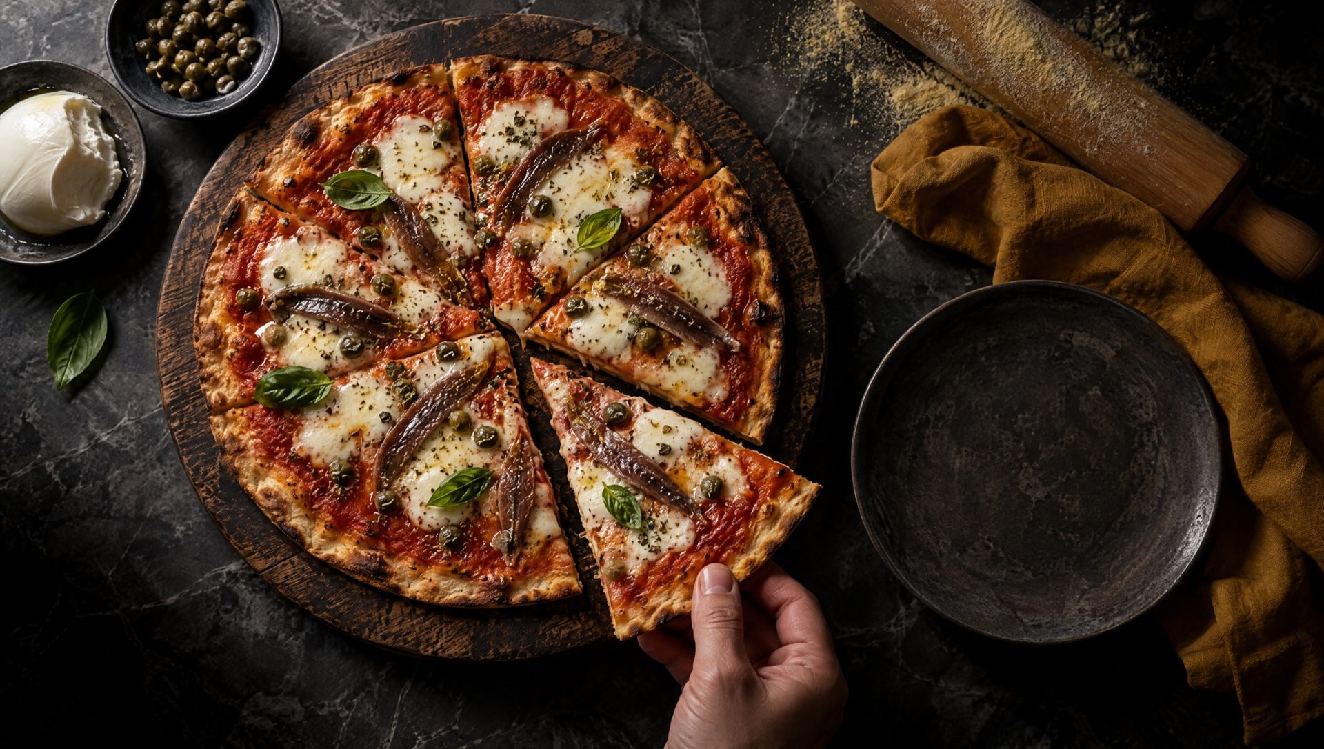 Dunne pizza romana met tomaat, mozzarella, kappertjes en ansjovis op een donkere houten plank, met een deegroller ernaast