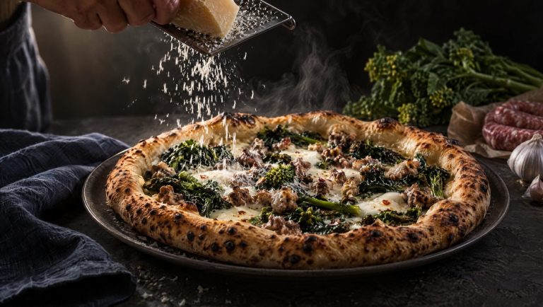 Pizza salsiccia e friarielli op tafel in een Napolitaanse herfstkeuken, met cime di rapa, salsiccia en mozzarella ernaast