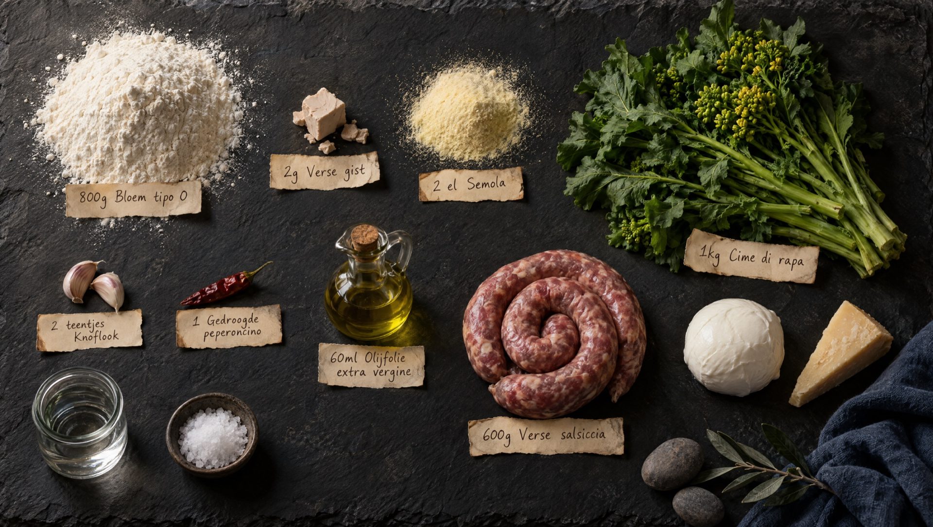 Ingrediënten voor pizza salsiccia: cime di rapa, verse salsiccia, mozzarella, knoflook, peperoncino, bloem en olijfolie