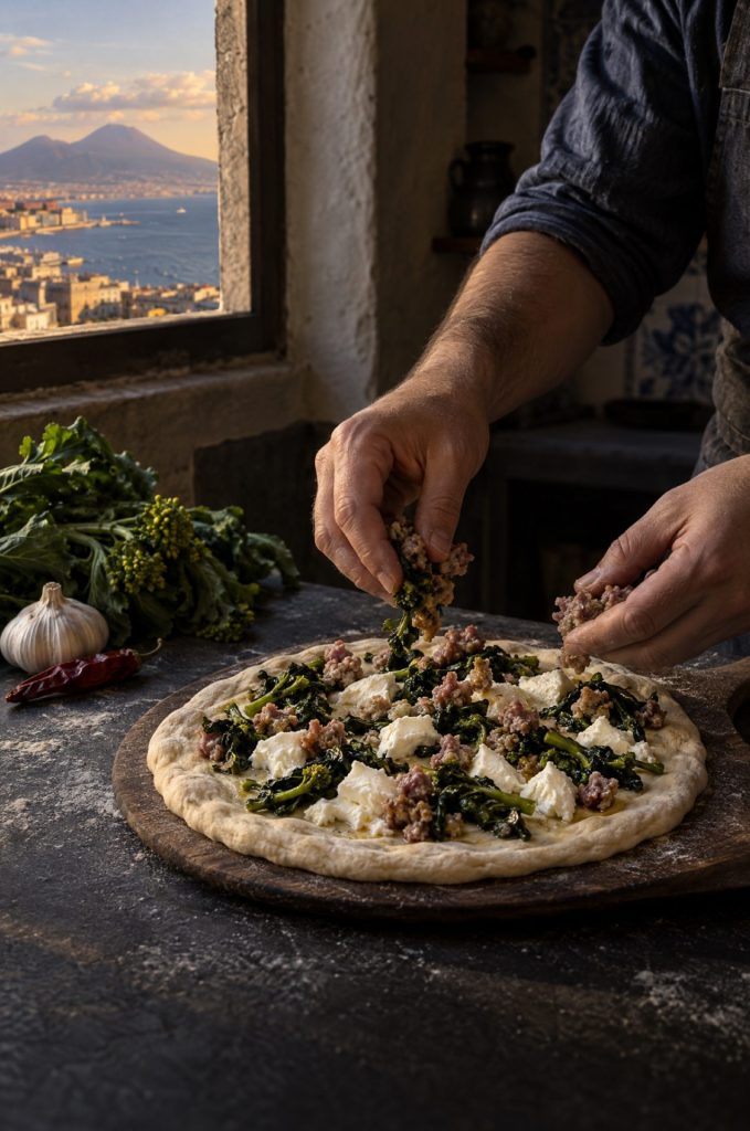 Handen van de kok leggen het beleg op pizza salsiccia in een donkere keuken bij het raam, met zicht op de Vesuvius