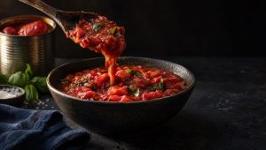 Kom rauwe pizzasaus van San Marzano-tomaten op een donkere tafel in Campanië, met basilicum, zeezout en een open blik